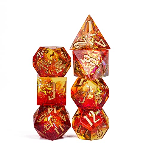 Cusdie Sharp Edges DND Dice, 7 PCs D&D Dice, Handcrafted Polyhedral Dice Set, for Role Playing Game Pathfinder (Red w/Yellow Sparkle) - color: Red W/Yellow Sparkle