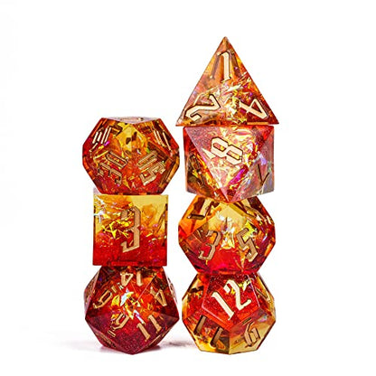 Cusdie Sharp Edges DND Dice, 7 PCs D&D Dice, Handcrafted Polyhedral Dice Set, for Role Playing Game Pathfinder (Red w/Yellow Sparkle) - color: Red W/Yellow Sparkle