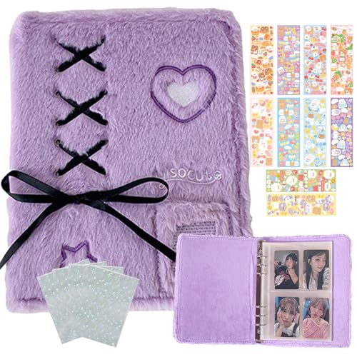 Kpop Photocard Binder A5 Kpop Photocard Holder Book with 50pc Holographic Photocard Sleeves&10 Korean Stickers, 6 Ring A5 Binder Photocard Album 25 Inner Pages with 200 Pocket(Purpleplush) - color: Purpleplush