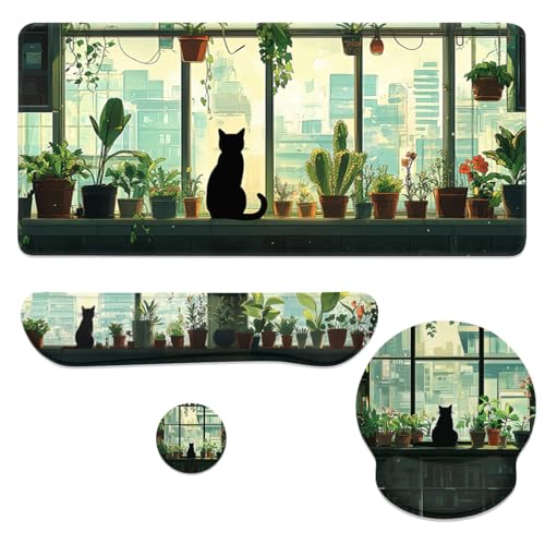 Cute Cat Mouse Pad Set Green Plants Cartoon Anime City Gaming Mousepad 4in1 Desk Mat for Desktop Wrist Support Cup Coaster Set Ergonomic Computer Desk Arm Wrist for Decor Home Office - color: Cute Cat, size: 35.4L x 15.7W inches