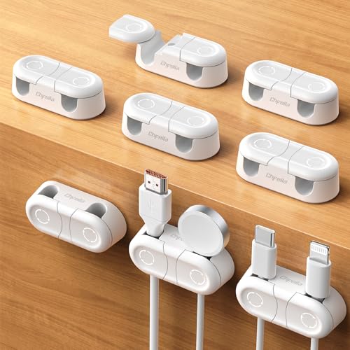 Magnetic Cable Clips - Chfeila 8Pack [Dual Slot] [360°Rotating & Twist-Lock] Cord Management, Adhesive Phone Charging Keeper, Wire Organizer Holder for Nightstand, Home Office Desk Accessories Decor - color: White-8Pack