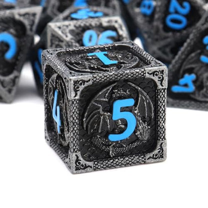 Haxtec Metal DND Dice Set Black Blue Dragon D&D Dice Set with Leather Dice Bag Metal Polyhedral Dice Compatible with Dungeons and Dragons Gifts TTRPG Dice - color: Matt Black Blue