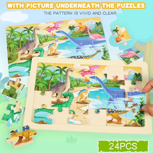 Wooden Puzzles for Kids Ages 4-6, 24 Piece Vehicle Car Construction Jigsaw Puzzles 4 Packs, Preschool Toddlers Learning Activity Puzzles Toys for Boys Girls 3 4 5 6 Years Old (Dinosaurs+Farm+Ocean) - color: Dinosaurs+farm+ocean