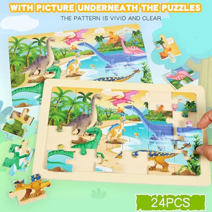 Wooden Puzzles for Kids Ages 4-6, 24 Piece Vehicle Car Construction Jigsaw Puzzles 4 Packs, Preschool Toddlers Learning Activity Puzzles Toys for Boys Girls 3 4 5 6 Years Old (Dinosaurs+Farm+Ocean) - color: Dinosaurs+farm+ocean