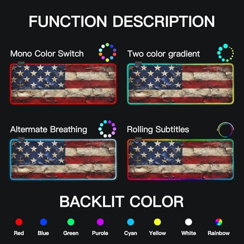 Gaming Mouse Pad Art USA Print, Multiple Modes RGB Light Large Fabric Keyboard Pad with Anti Slip Rubber Base Medium - size: Medium