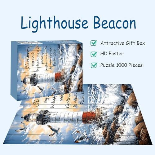 Puzzles for Adults 1000 Pieces, Lighthouse Jigsaw Puzzles - Lighthouse Beacon, Impossible Christian Bible Puzzle for Seniors Families,27.56x19.69 Inches, 1:1 Poster, Letter on The Back
