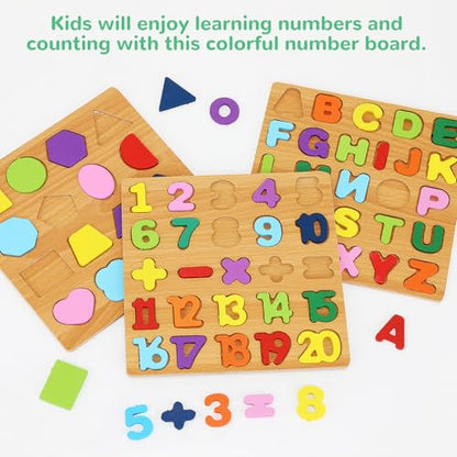 Alphabet Wooden Puzzles for Toddlers 3-5, Pack of 3 ABC, Number and Shape Puzzle, Preschool Educational Learning Toys with Puzzle Board & Letter Blocks for Girls Boys Ages 3 4 5 Years Old - color: Standard 3-pack