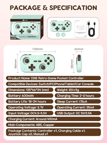IINE Retro Pocket Game Controller with Hall Effect Joysticks, Switch 1 & 2 Compatible, Wireless Gamepad for Steam Deck, PC, Android, iOS, Customizable D-Pad, Vibration & Motion Control (Mint Choco) - color: Mint Choco