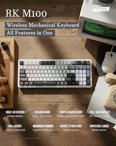 RK ROYAL KLUDGE M100 Wireless Mechanical Keyboard with Screen & Knob, White | Bluetooth/2.4G/USB RGB Gaming Keyboard with Number Pad, Hot Swappable Gasket Mount for Win/Mac/PC, PBT Keycaps, Cream Switch - color: White