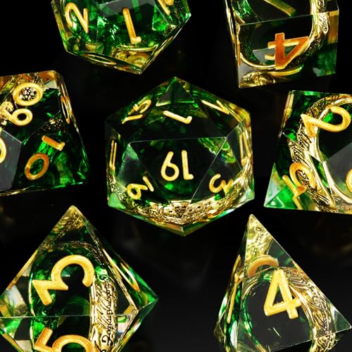 Golden Ring DND Dice Set, 7pcs D&D Polyhedral Sharp Edge Resin Dice with Box, Rings Dice Set for Role Playing Dungeons and Dragons, Playing Games for D and D MTG RPG Table Game Gifts (Green) - color: Ring Green, style: Ring