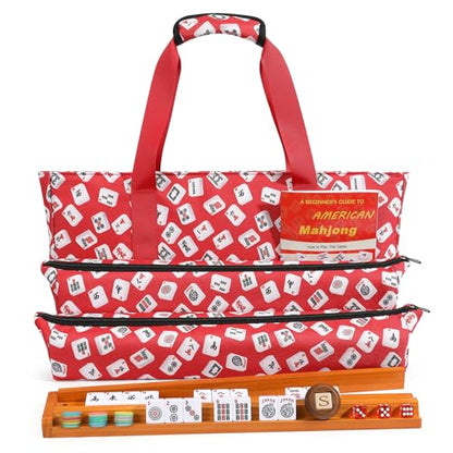 American Mahjong Tile Set, 166 White Tiles & 4 All-in-One Wooden Racks with Pushers, Mah Jongg Game Sets with Red Mahjong-Themed Carrying Bag - color: Red
