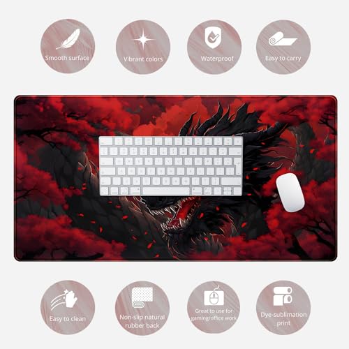 Huge Dragon Large Mouse Pad - Red and Black Mousepad, Big Full Keyboard and Mouse Pad with Stitched Edges, Anti-Slip, Funny Desk Pad, 31.5 X 15.8 in. - color: Red Black Dragon