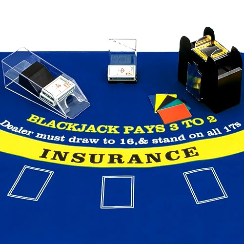 Aoriher Blackjack Game Combo Set, Include Blackjack Layout Felt,Shoe 6 Deck Automatic Card Shuffler Discard Holder Trays and 10 Cut Cards for Casino, Party Night(Blue) - color: Blue