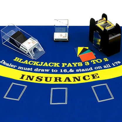 Aoriher Blackjack Game Combo Set, Include Blackjack Layout Felt,Shoe 6 Deck Automatic Card Shuffler Discard Holder Trays and 10 Cut Cards for Casino, Party Night(Blue) - color: Blue