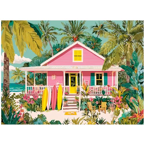 Puzzle for Adults 500 Pieces, Colorful Coastal Vacation Jigsaw Puzzle 500 Piece Palm Trees Ocean View, Tropical Beach House Relaxing Easy Puzzle for Seniors Teens, Summer Beach Gift for Women Men - style: Beachside Sunset Puzzle