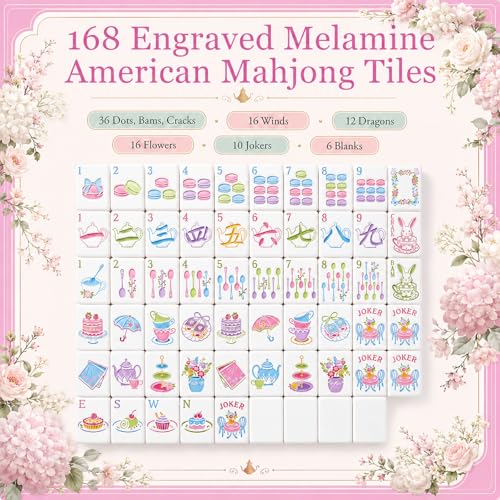 Soulchen 1.2 Inch Pink Tea Party Themed American Mahjong Tiles Set | Complete 168 Pastel Melamine Tiles with Dice Large Tote Bag Portable Pouch for Game Night Travel Vacation Collection Gift