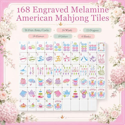Soulchen 1.2 Inch Pink Tea Party Themed American Mahjong Tiles Set | Complete 168 Pastel Melamine Tiles with Dice Large Tote Bag Portable Pouch for Game Night Travel Vacation Collection Gift