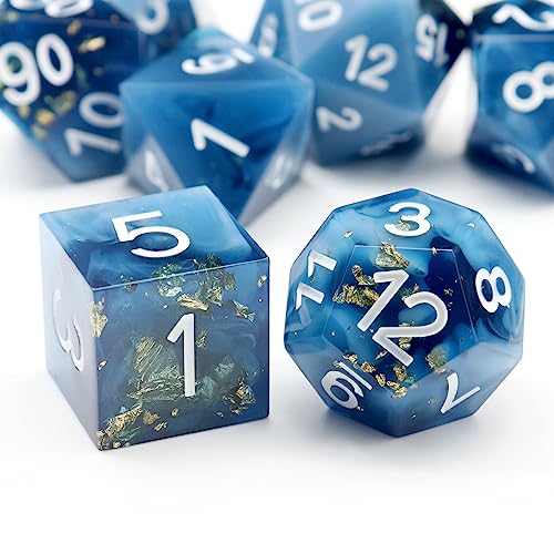 Haxtec Sharp Edge DND Dice Set, Gold Foil Resin Polyhedral RPG Dice | Blue D&D Dice for Role Playing Games, Compatible with Dungeons and Dragons, Handmade 7-Die with Metal Case, TTRPG Gifts - color: Blue White Gold
