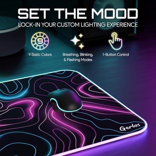 Gerlos RGB Gaming Mouse Pad, Large LED Desk Mat, 31.5 x 11.8 Inch | 12 light modes, non-slip base, water-resistant surface, stitched edges - color: Neon Pink