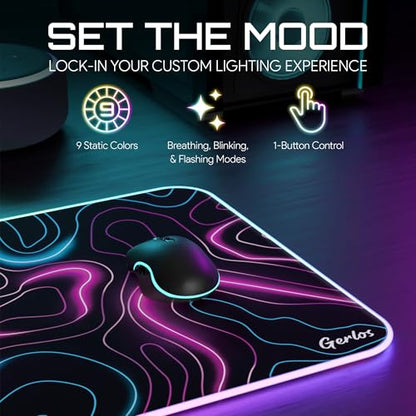 Gerlos RGB Gaming Mouse Pad, Large LED Desk Mat, 31.5 x 11.8 Inch | 12 light modes, non-slip base, water-resistant surface, stitched edges - color: Neon Pink