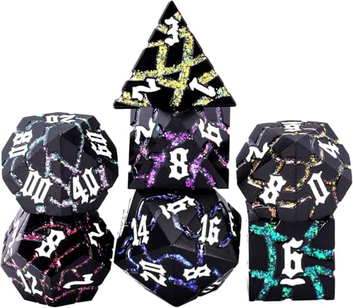 Cracked Rune Metal Dice Set for DND & RPG – Dark Fantasy Fractured Design, Premium Heavy Metal Polyhedral Dice with Deep Engraved Numbers, 7-Piece Set – Arcane Spectrum Vein - color: Matte Black 7 Colors