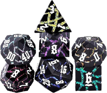 Cracked Rune Metal Dice Set for DND & RPG – Dark Fantasy Fractured Design, Premium Heavy Metal Polyhedral Dice with Deep Engraved Numbers, 7-Piece Set – Arcane Spectrum Vein - color: Matte Black 7 Colors