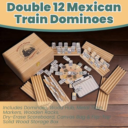Extguds Double 12 Mexican Train Dominoes Set for Adults, Wooden Mexican Train Dominos with Solid Wood Storage Box, 91 Tiles, Hub, 8 Wooden Racks, Metal Train Markers, Scoreboard & Canvas Bag
