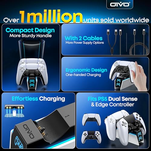 OIVO PS5 Controller Charging Station, 2H Fast Charger for DualSense & Edge | Dual PS5 Controller Charging Dock, Comes with 2 Cable Types, No Extra Adapter Required, Built-in Short-Circuit Protection