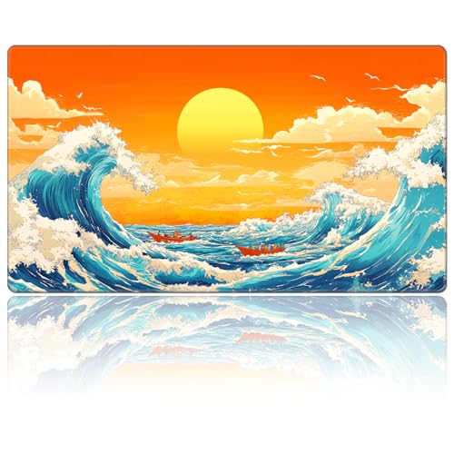for MTG Playmat 24 x 14 inches for TCG Playmats Non-Slip Rubber Base Commander Playmat HD Cover for MTG Play Mat Iorcana Trading Card Game, Blue Wave At Sunset - color: Blue Wave at Sunset, size: 24" x 14"