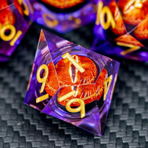 ARUOHHA DND Resin Dice Gazes Eye Dice Purple Gold Liquid Core Flaming RPG Sharp Edged Dice Set with Gift Box, Polyhedral D and D Dice Set Compatible with Dungeons Dragons Role Playing Game D20 D6 - color: Sl01-purple Gold