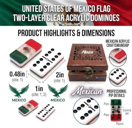 Mexico flag Dominoes Premium Edition Mexican Dominoes Set Deluxe – Double Six Domino Adult Tiles with Mexican Flag Design – Resin & Clear Top Acrylic – Classic Artisan Wooden Storage Case Included