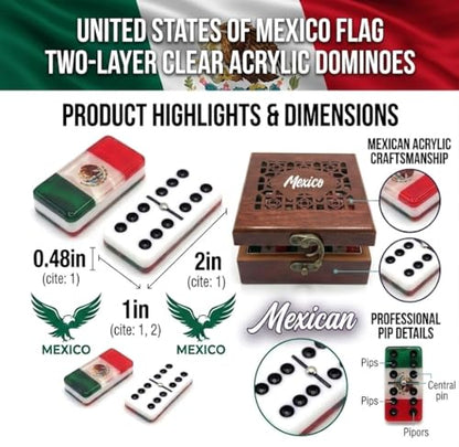 Mexico flag Dominoes Premium Edition Mexican Dominoes Set Deluxe – Double Six Domino Adult Tiles with Mexican Flag Design – Resin & Clear Top Acrylic – Classic Artisan Wooden Storage Case Included