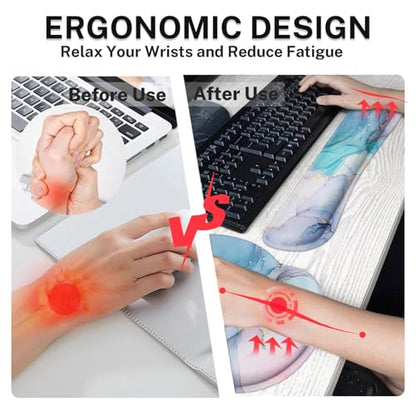 Arttown Pink Blue Desk Mat Marble Mouse Pad Set 4 in 1 Purple Gold Gradient Ergonomic Design Large Desk Pad + Keyboard Wrist Rest + Mouse Wrist Rest + Coaster Suitable for Home Office Study Game - color: Blue Purple Marble