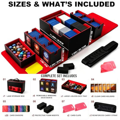 MTG Deck Box for Commander & TCG, Trading Card Storage Box with Handle | 7-in-1 Cards Deck Case with dual-sided windows, 2-layer design, 6 deck case, 1 dice tray, 6 magnetic holders & accessories - color: Super Large - Black