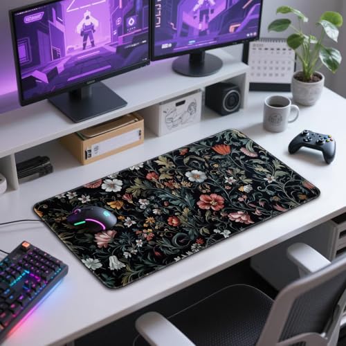 Dark Floral Pattern Large Gaming Mouse Pad Desk Mat 31.5"x15.7" | Extended Mousepad, Non-Slip Rubber Base , Stitched Edges, for Computer/Laptop/Office/Home - color: Dark Floral Pattern