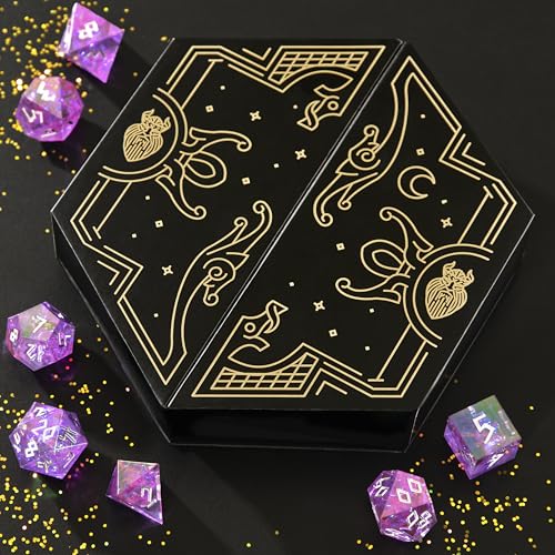 Iridescent DND Dice Set with Glowing LED Display Box – Sharp Edge Polyhedral Dice with Mesmerizing Finish | Bonus Stickers Included | Dungeons and Dragons (TTRPG) Dice Set - color: (Non-liquid Core) Iridescent - Feybound