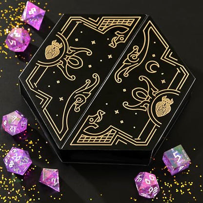Iridescent DND Dice Set with Glowing LED Display Box – Sharp Edge Polyhedral Dice with Mesmerizing Finish | Bonus Stickers Included | Dungeons and Dragons (TTRPG) Dice Set - color: (Non-liquid Core) Iridescent - Feybound