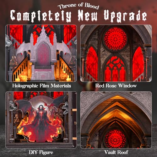 MiniCity Book Nook Kit, Gothic 3D Wooden Puzzle Dollhouse with LED Light, Laser Film Craft Book Shelf Insert Decor, 101Pcs DIY Assembly Model with Full Tools & Color Instruction - Throne of Blood | Wood/paper/plastic DIY model with LED lighting; 101 piece