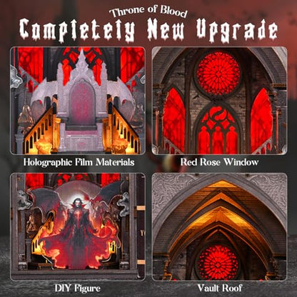 MiniCity Book Nook Kit, Gothic 3D Wooden Puzzle Dollhouse with LED Light, Laser Film Craft Book Shelf Insert Decor, 101Pcs DIY Assembly Model with Full Tools & Color Instruction - Throne of Blood | Wood/paper/plastic DIY model with LED lighting; 101 piece