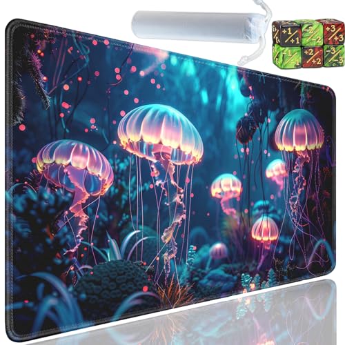 Playmat for MTG, 24x14 Inches Playmats, for TCG and CCG Trading Card Game Mat, Non-Slip Rubber for MTG Playmats with A Storage Bag and 6 Dice Set, Magic Color Jellyfish Pattern - color: Yu-Playmat-1-A2