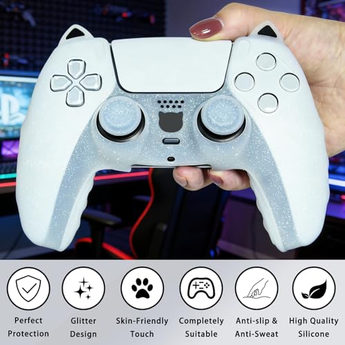 White Cat Glitter Anti-Slip Protective Silicone Cover Skin Grips Compatible with PS5/Slim/Pro Controller,8 PCS Glitter Thumb Grips Caps and 2 Paw Grips Caps. (Cat White) - color: Cat White