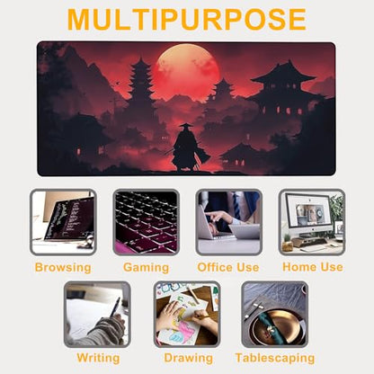 Large Mouse Pad Samurai Blood Moon Dusk Waterproof Extra Large Mousepad with Stitched Edges Non-Slip Rubber Base Computer Protector Desk Pad for School Office Home 35.4"X 15.7" - color: Blood Moon Cherry Blossom