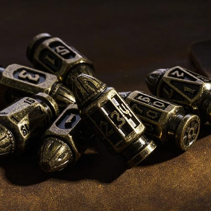 UDIXI Metal DND Bullet Dice Set, Polyhedral Bullet Metal Dice Set Bronze | 7PCS, Cool Style, Magazines Container and PU Leather Bag, for D&D Dungeons and Dragons Role Playing Games and Tabletop Games - color: Bronze
