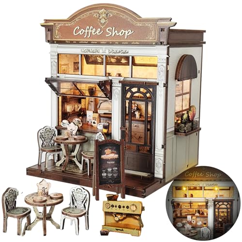 DIY Miniature House Kit, Mini Dollhouse Kit with LED for Beginners Adults, Book Nook Model Building Craft Diorama Kits Ideal Christmas Birthday Valentine Gifts(Coffee Shop) - color: Coffee Shop