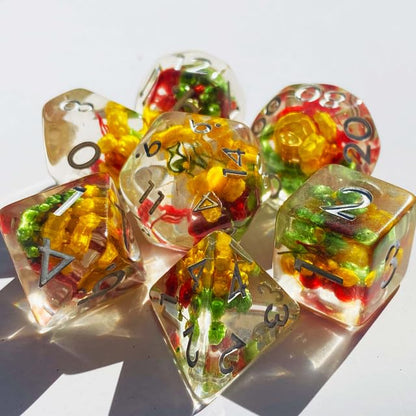 Sage’s Portal Cantrips DND Dice Set - Round Edge Resin 7-PC Polyhedral DND Dice Set for Dungeons and Dragons D&D RPG Tabletop TTRPG (Red/Yellow/Green Flowers) - color: Tri Flowers