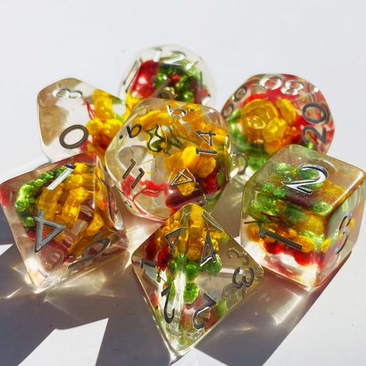 Sage’s Portal Cantrips DND Dice Set - Round Edge Resin 7-PC Polyhedral DND Dice Set for Dungeons and Dragons D&D RPG Tabletop TTRPG (Red/Yellow/Green Flowers) - color: Tri Flowers