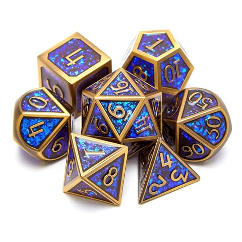 Metal dice Set D&D, 7-Piece Polyhedron DND D20 D12 D10 D8 D6 D4 Dungeons and Dragons Dice Set, Suitable for RPG Game DND dice Set (Bronze + Blue Powder) - color: Sxf-blue Copper