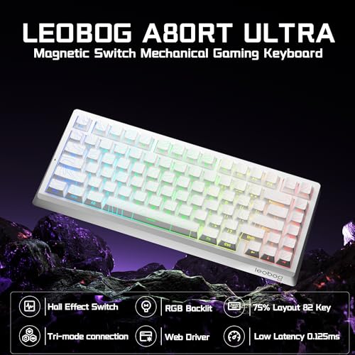 LEOBOG A80 RT Ultra HE Wireless Mechanical Gaming Keyboard 75%, Tri-Mode Hall Effect Rapid Trigger Magnetic Switch Keyboard with 0.01mm Adjustable RT, Hot Swappable RGB Backlit Keyboards for PC Gamers - color: White&Line, size: A80-Wireless