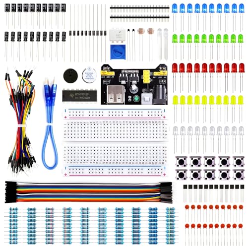 REXQualis Electronics Basic Kit w/Power Supply Module, Breadboard, Jumper Wire, LED,Resistor, comes with more than 300pcs sensors and components for fun and simple electronic projects.