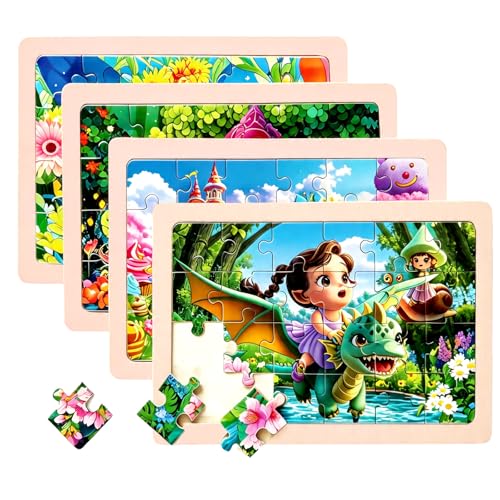 Wooden Puzzles for Kids Ages 3-5, 4 Packs Montessori Toddler Jigsaw Puzzles, Preschool Educational Toys for Children Ages 4-8, Puzzle Boards Toys for 3 4 5 6 7 8 9 Boys Girls (Animal B) - style: Princess